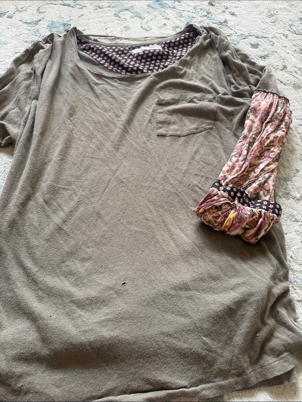 We The Free Olive Green Women's Long Sleeve Top with Floral Sleeve Accent as is
